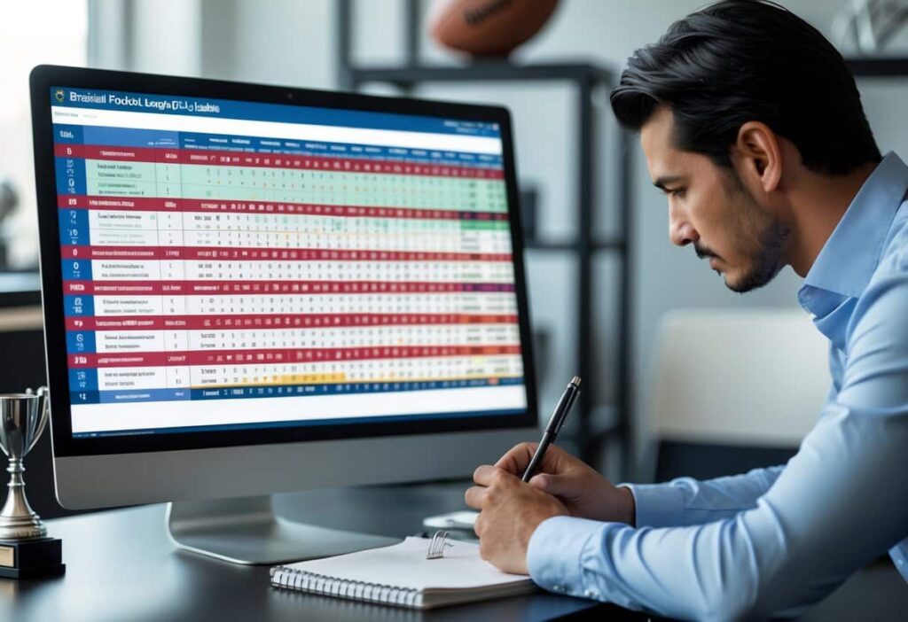 Pessoa analisando uma tabela de classificação do futebol brasileiro em um computador, com anotações ao lado e elementos relacionados ao futebol ao fundo.
