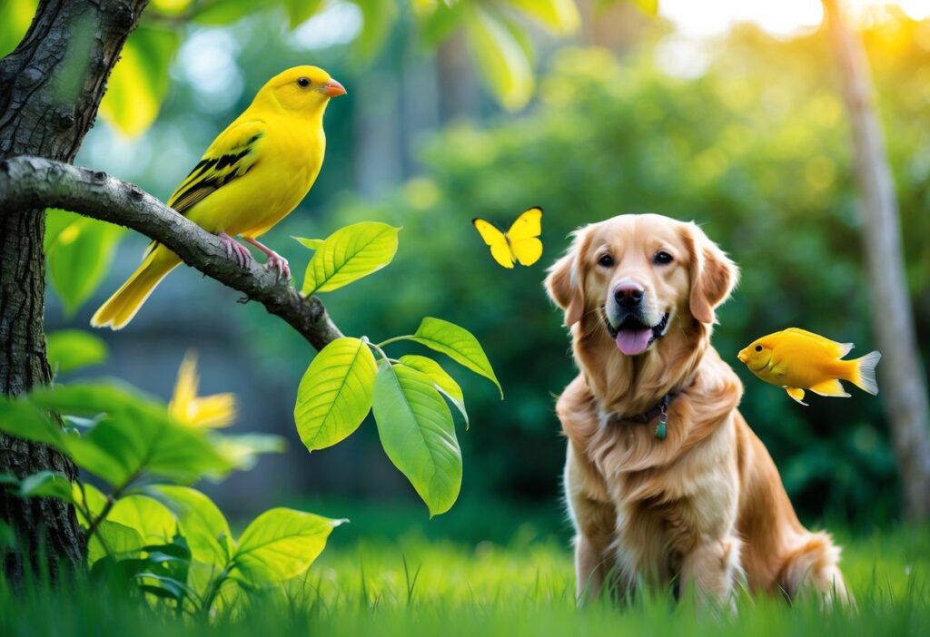 Animais amarelos: quais são e o que a cor representa Vários animais amarelos em um ambiente natural, incluindo um canário, uma borboleta, um cachorro da raça golden retriever e um peixe tropical.
