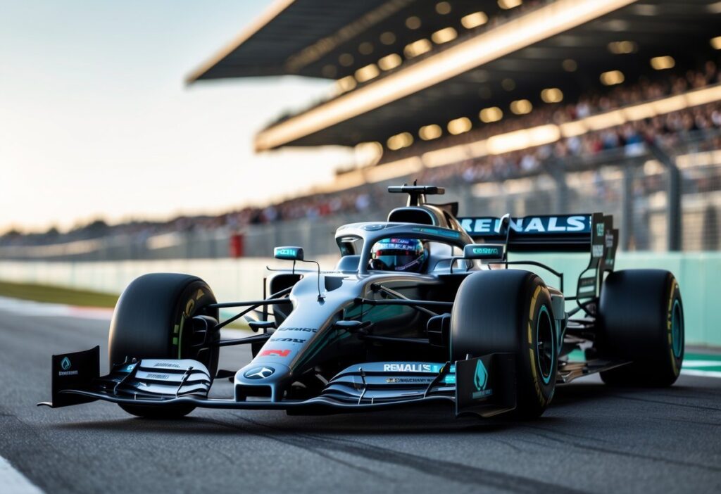 Mercedes com motor Renault: modelos e especificações detalhadas Carro de corrida Mercedes-Benz em pista de corrida com detalhes do motor Renault.