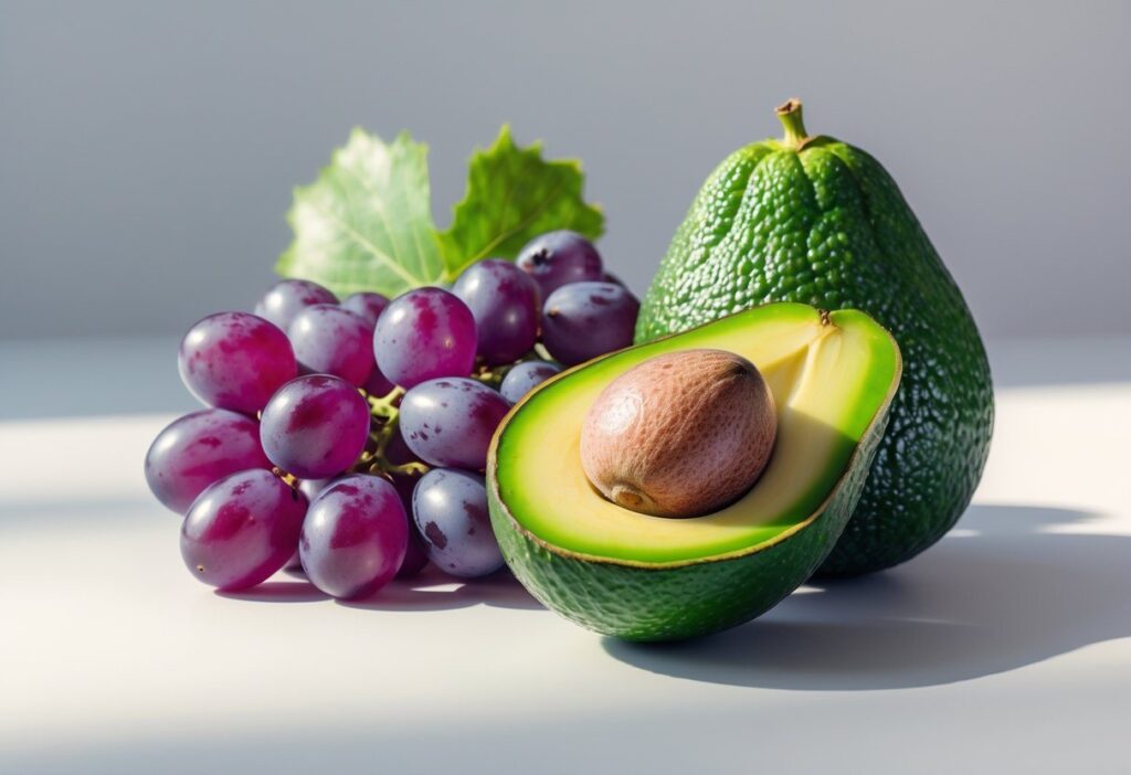 Fruta com V: conheça tipos, benefícios e curiosidades nutricionais Fruta fresca e vibrante começando com a letra V, como uvas roxas ou um abacate cortado ao meio, sobre fundo neutro.