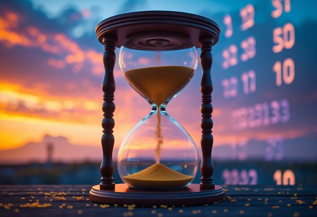 Um relógio de areia grande com areia dourada escorrendo, com um céu ao pôr do sol ao fundo, representando a passagem do tempo.