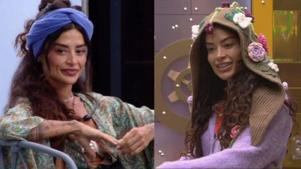 A cabeça como portal espiritual: crenças ao redor do mundo Aline Campos. Mulher branca, cabelo longo, ondulado, usando touca de crochê e lenço azul.