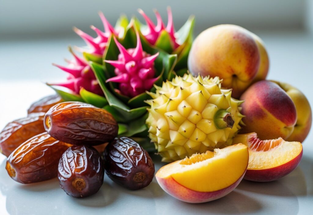 Vários frutos frescos começando com a letra D, como tâmaras, pitayas e pêssegos, dispostos sobre uma superfície branca.
