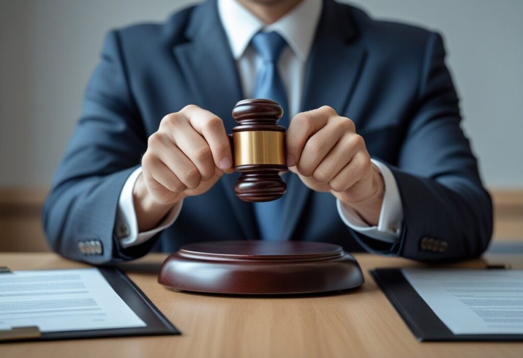 Uma pessoa autoritária entregando documentos oficiais em um ambiente formal, simbolizando a aplicação de um castigo.